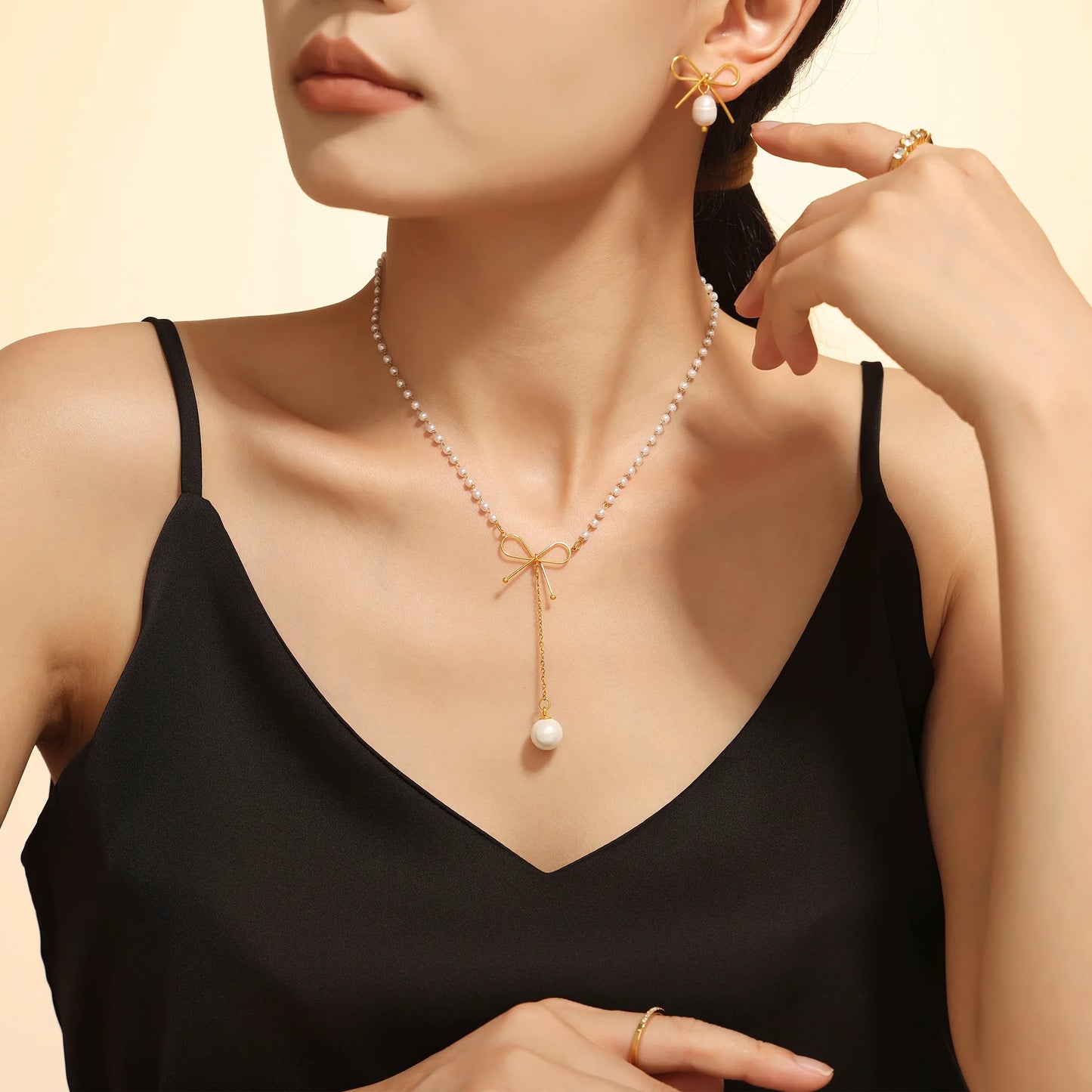 Dainty Dream - Gold Plated Bowknot Tassel Necklace & Earrings