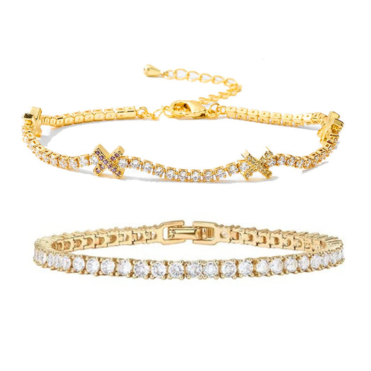 Sweetheart Stack - Gold & White Tennis Bracelet With Bow Detail