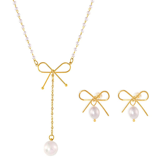 Dainty Dream - Gold Plated Bowknot Tassel Necklace & Earrings
