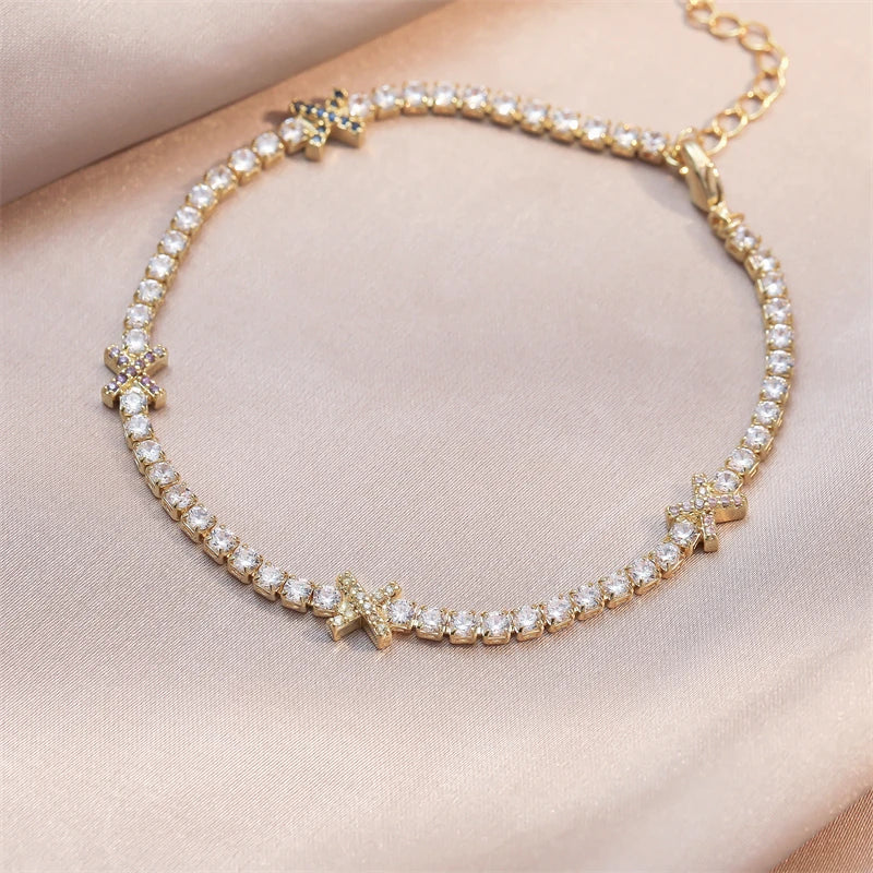 Sweetheart Stack - Gold & White Tennis Bracelet With Bow Detail