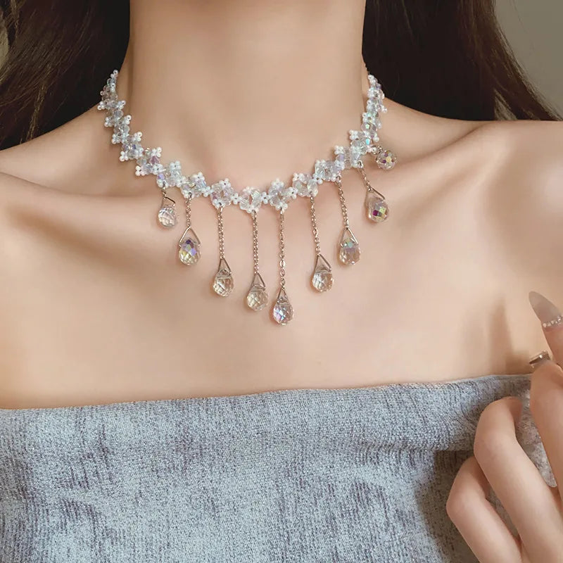 Aqua Drip - Crystals Tassel Necklace