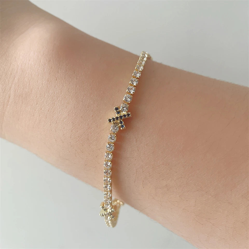 Sweetheart Stack - Gold & White Tennis Bracelet With Bow Detail