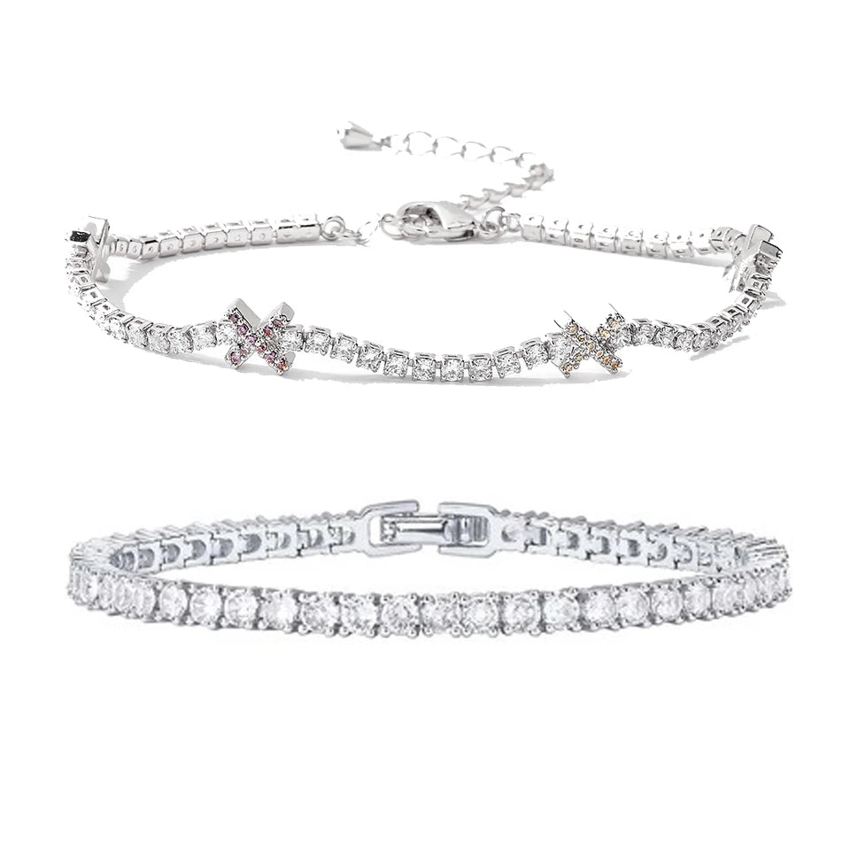 Sweetheart Stack - Gold & White Tennis Bracelet With Bow Detail