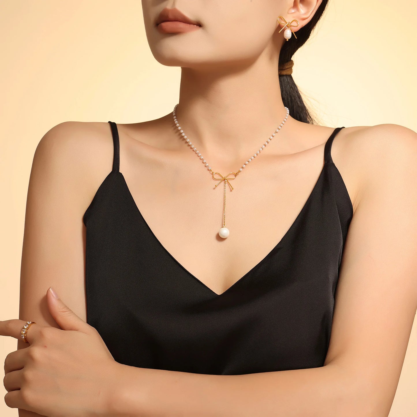 Dainty Dream - Gold Plated Bowknot Tassel Necklace & Earrings