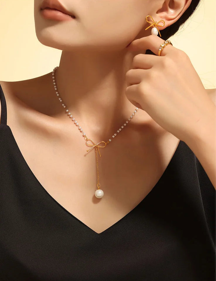 Dainty Dream - Gold Plated Bowknot Tassel Necklace & Earrings