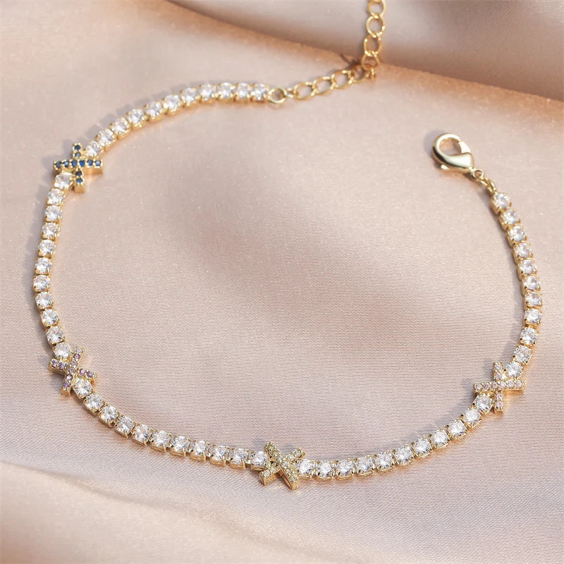 Sweetheart Stack - Gold & White Tennis Bracelet With Bow Detail