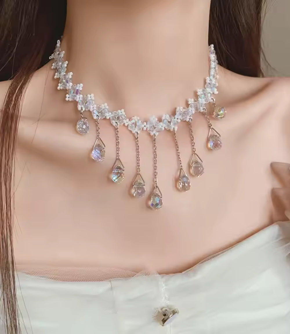 Aqua Drip - Dripping Zircon Tassel Necklace