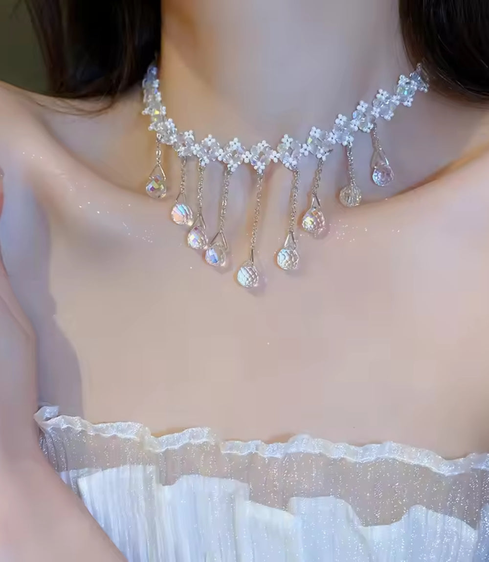 Aqua Drip - Dripping Zircon Tassel Necklace