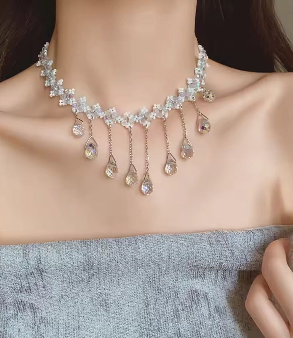 Aqua Drip - Dripping Zircon Tassel Necklace
