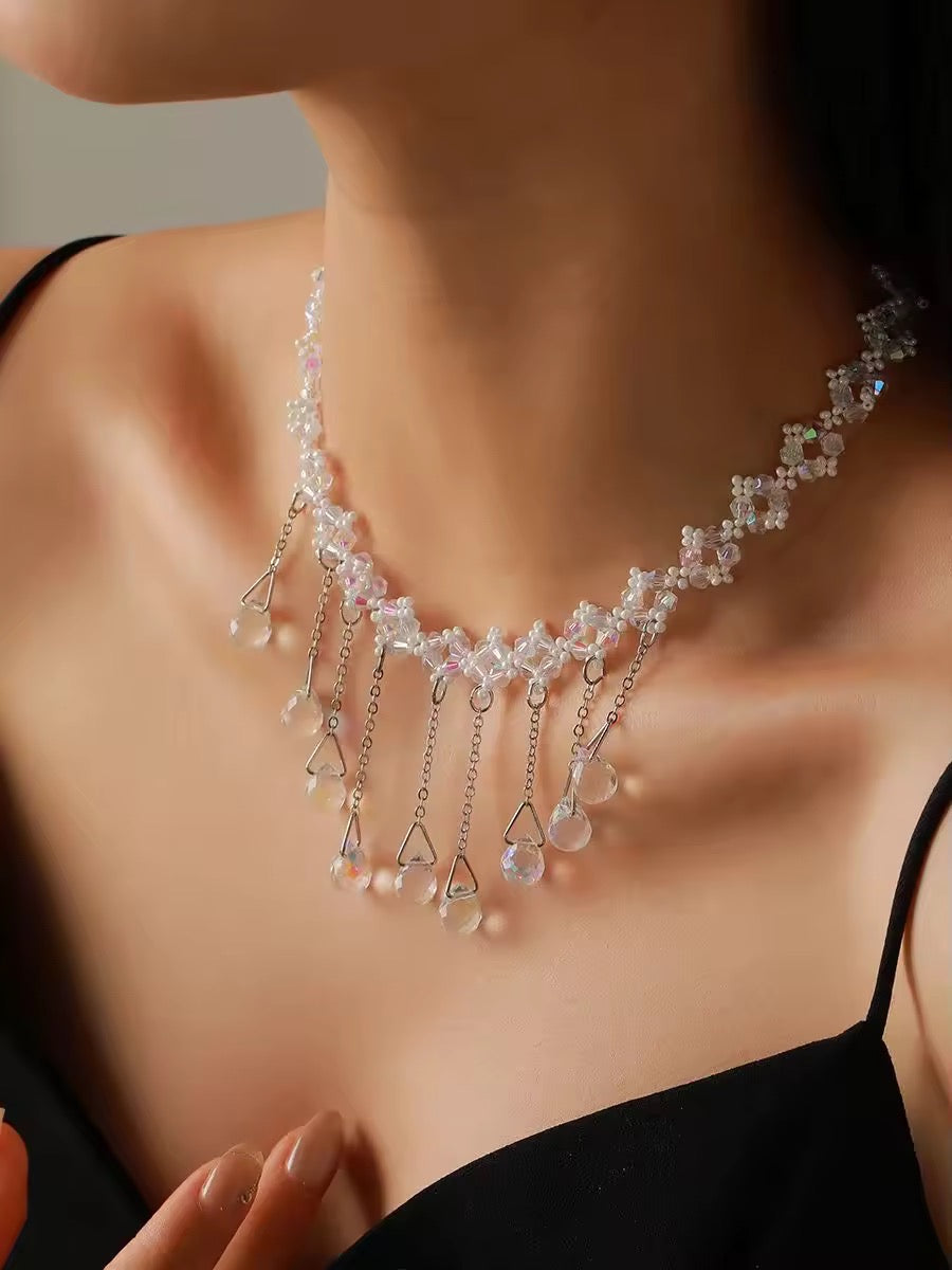 Aqua Drip - Crystals Tassel Necklace