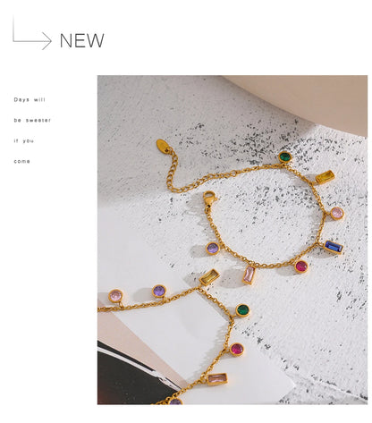 Yhpup Luxury Bling Colorful Cubic Zirconia Chain Necklace Bracelet CZ Waterproof Stainless Steel Jewelry Exquisite Set Women