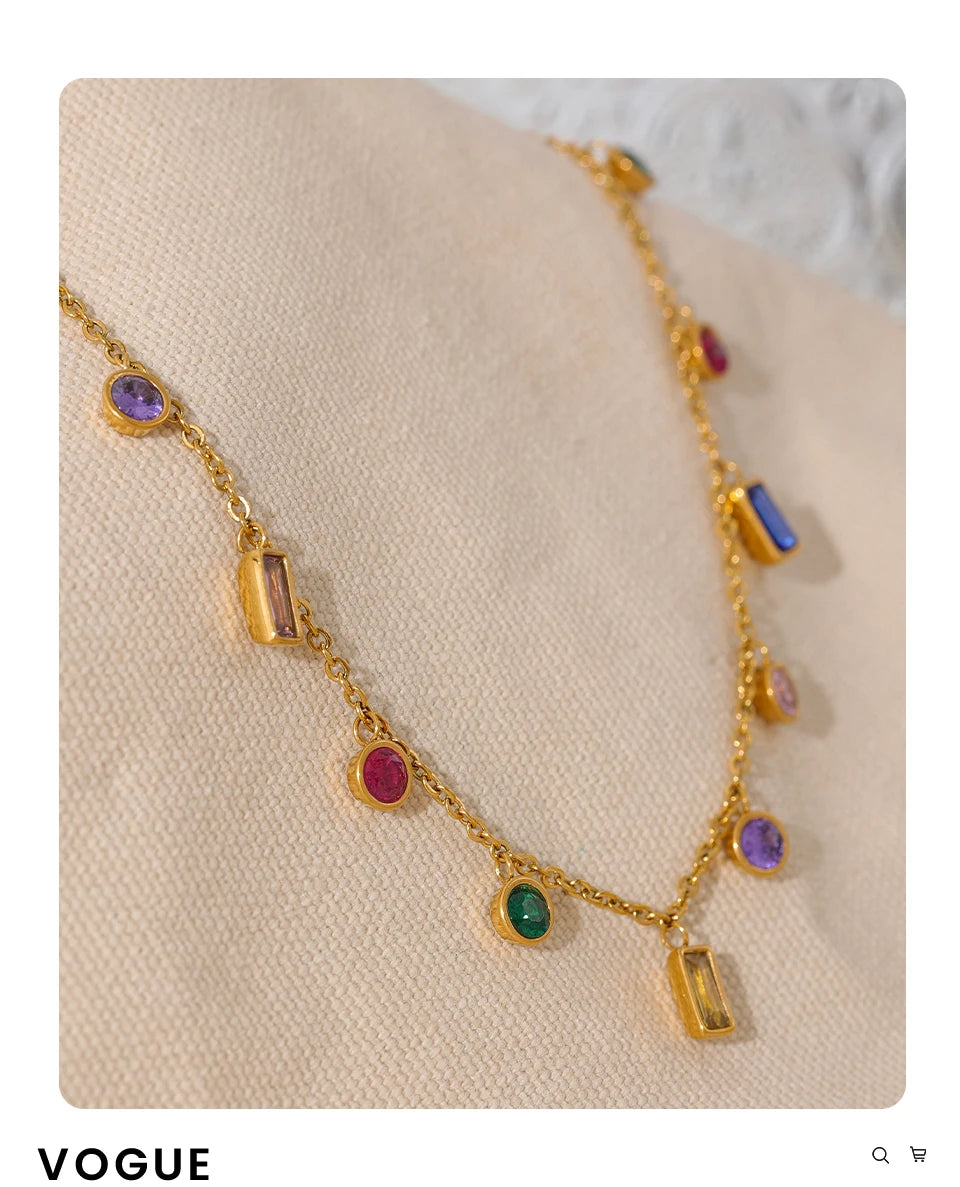 Yhpup Luxury Bling Colorful Cubic Zirconia Chain Necklace Bracelet CZ Waterproof Stainless Steel Jewelry Exquisite Set Women