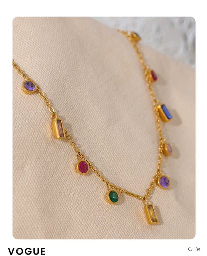 Yhpup Luxury Bling Colorful Cubic Zirconia Chain Necklace Bracelet CZ Waterproof Stainless Steel Jewelry Exquisite Set Women