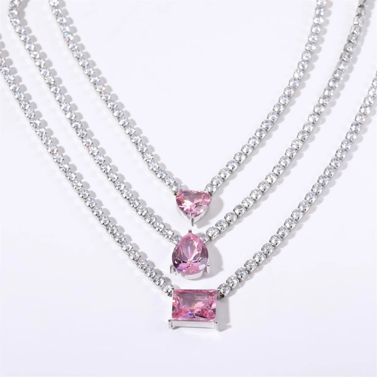 Dreamline - Zircon tennis necklace with heart & drop pendants