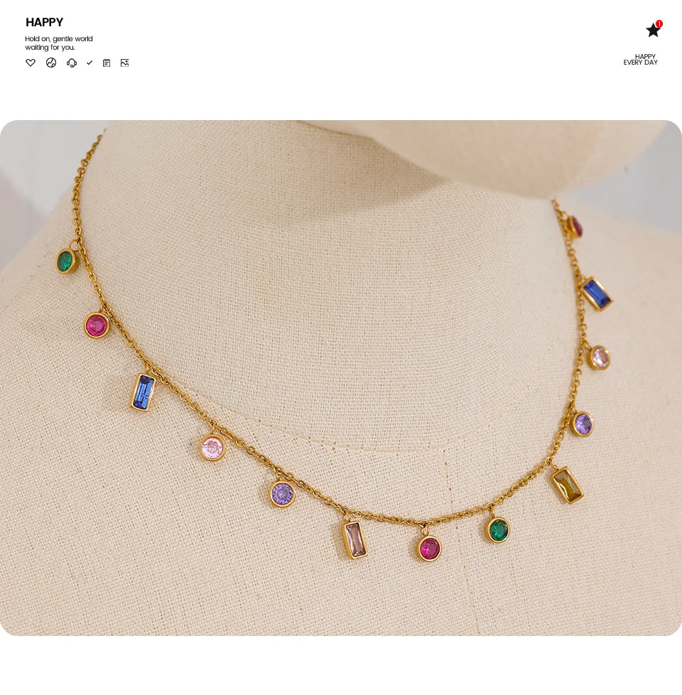 Yhpup Luxury Bling Colorful Cubic Zirconia Chain Necklace Bracelet CZ Waterproof Stainless Steel Jewelry Exquisite Set Women