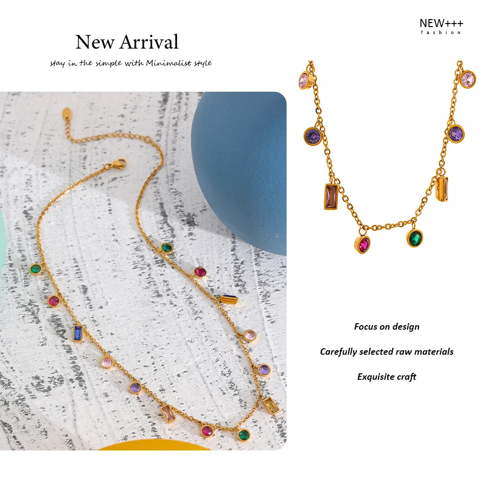 Yhpup Luxury Bling Colorful Cubic Zirconia Chain Necklace Bracelet CZ Waterproof Stainless Steel Jewelry Exquisite Set Women