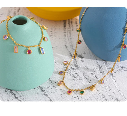 Yhpup Luxury Bling Colorful Cubic Zirconia Chain Necklace Bracelet CZ Waterproof Stainless Steel Jewelry Exquisite Set Women