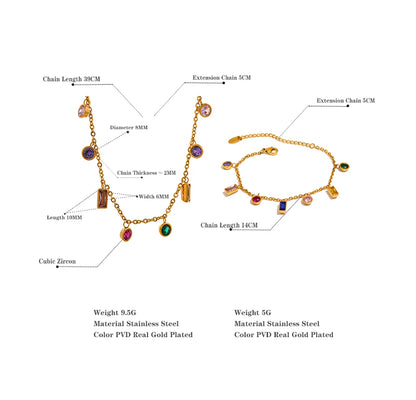 Yhpup Luxury Bling Colorful Cubic Zirconia Chain Necklace Bracelet CZ Waterproof Stainless Steel Jewelry Exquisite Set Women