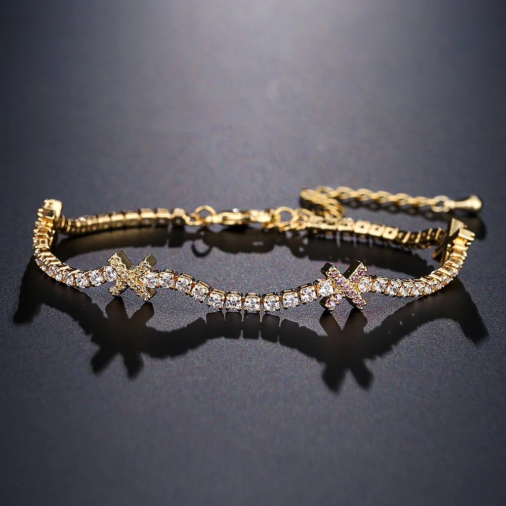 Sweetheart Stack - Gold & White Tennis Bracelet With Bow Detail