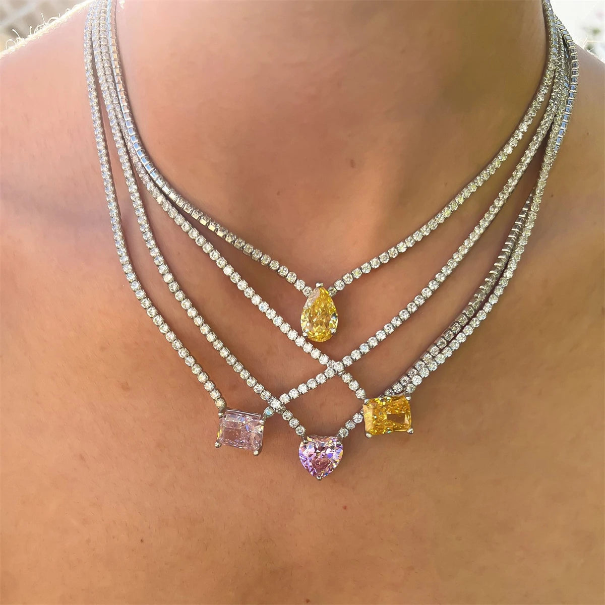 Dreamline - Zircon tennis necklace with heart & drop pendants