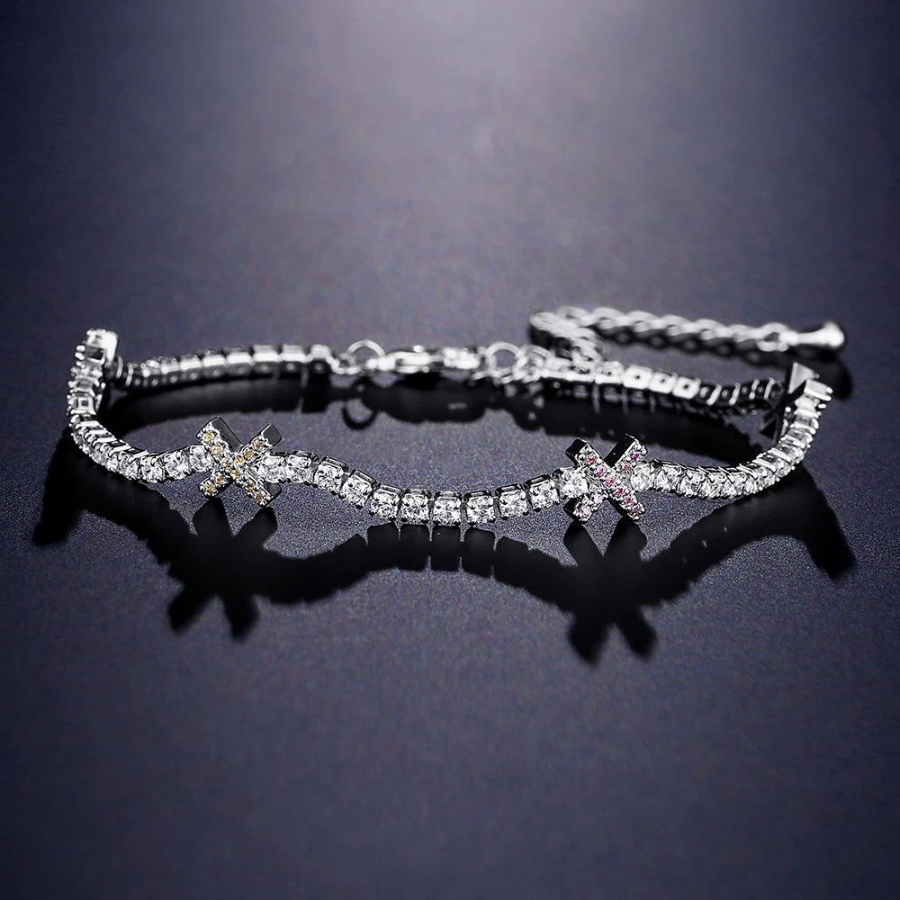 Sweetheart Stack - Gold & White Tennis Bracelet With Bow Detail
