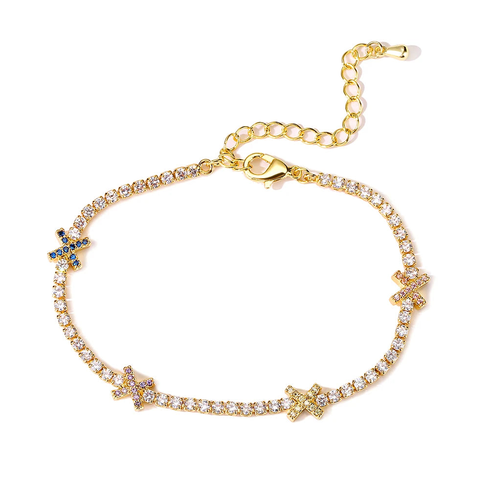 Sweetheart Stack - Gold & White Tennis Bracelet With Bow Detail