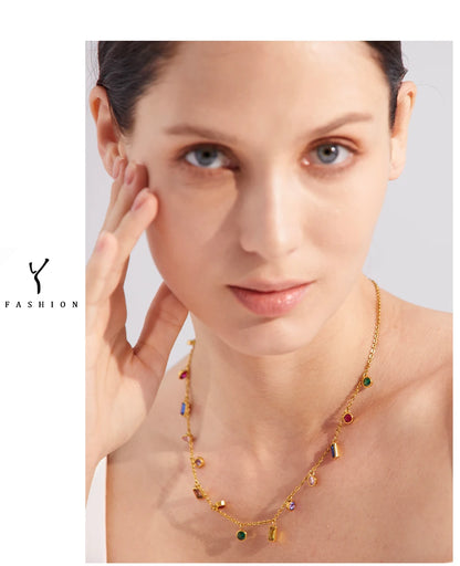 Yhpup Luxury Bling Colorful Cubic Zirconia Chain Necklace Bracelet CZ Waterproof Stainless Steel Jewelry Exquisite Set Women