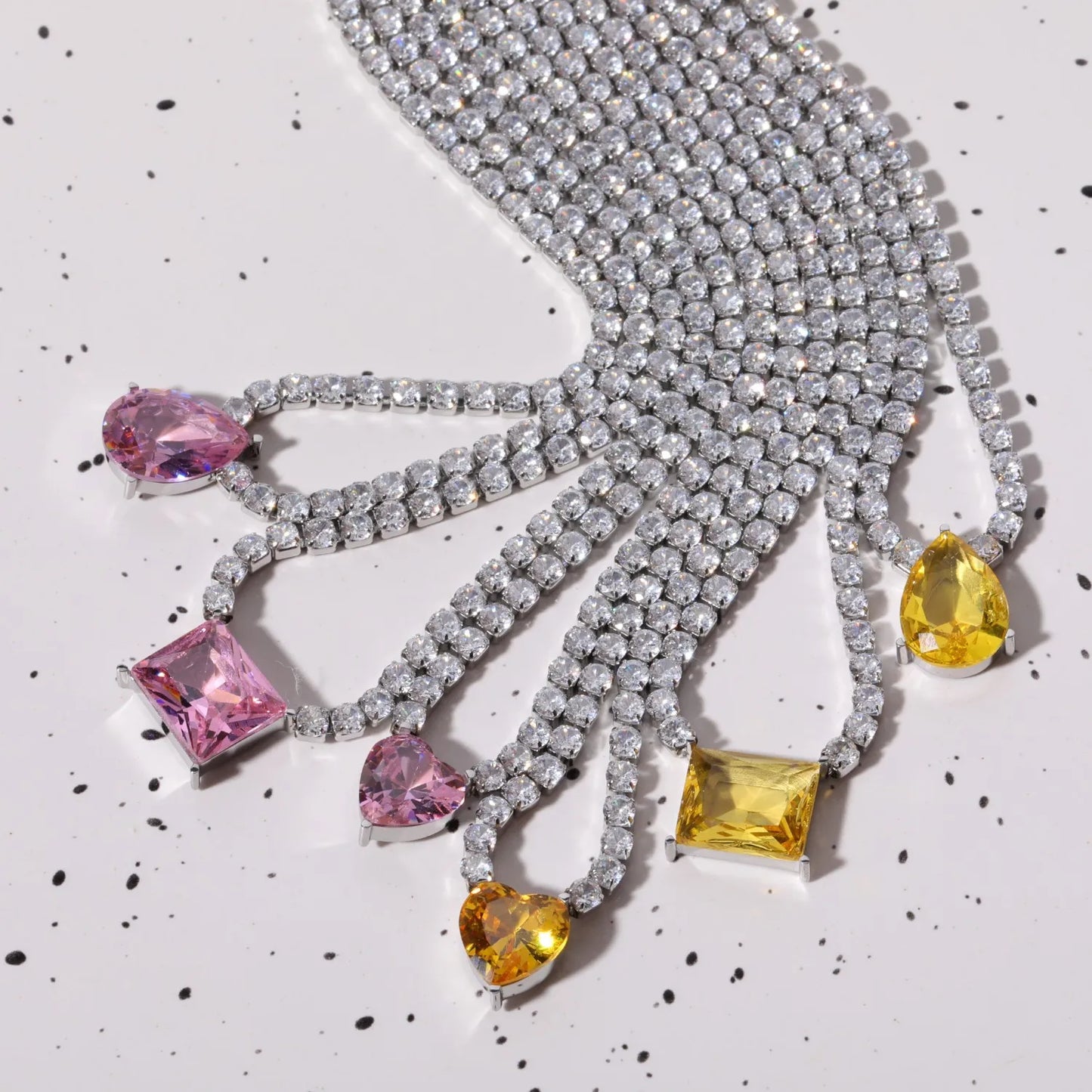 Dreamline - Zircon tennis necklace with heart & drop pendants