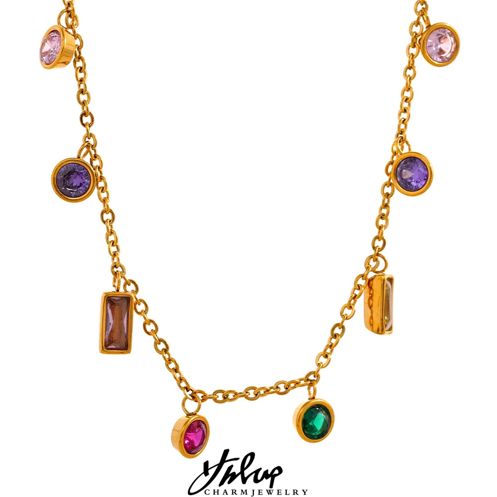 Yhpup Luxury Bling Colorful Cubic Zirconia Chain Necklace Bracelet CZ Waterproof Stainless Steel Jewelry Exquisite Set Women