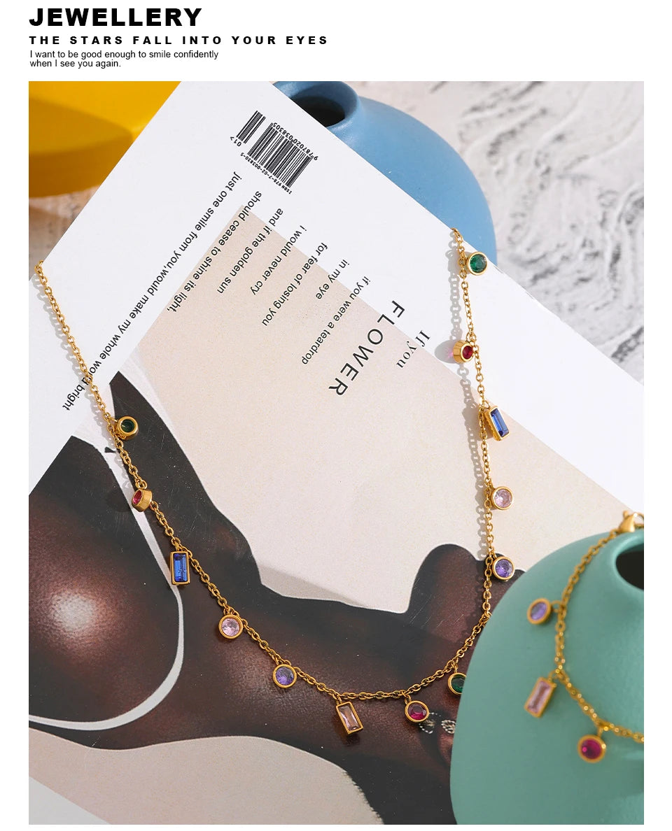 Yhpup Luxury Bling Colorful Cubic Zirconia Chain Necklace Bracelet CZ Waterproof Stainless Steel Jewelry Exquisite Set Women