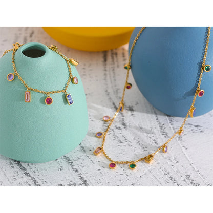 Yhpup Luxury Bling Colorful Cubic Zirconia Chain Necklace Bracelet CZ Waterproof Stainless Steel Jewelry Exquisite Set Women