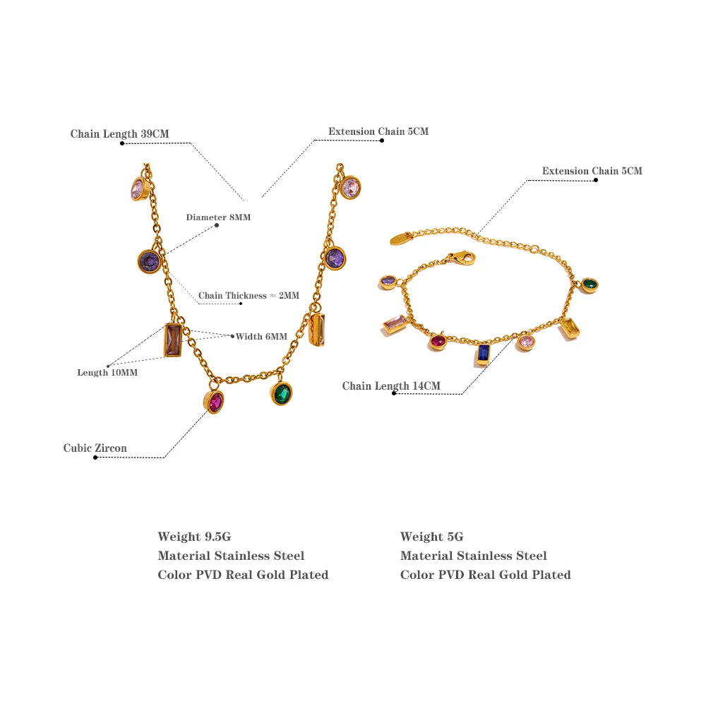 Yhpup Luxury Bling Colorful Cubic Zirconia Chain Necklace Bracelet CZ Waterproof Stainless Steel Jewelry Exquisite Set Women