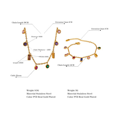 Yhpup Luxury Bling Colorful Cubic Zirconia Chain Necklace Bracelet CZ Waterproof Stainless Steel Jewelry Exquisite Set Women