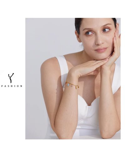 Yhpup Luxury Bling Colorful Cubic Zirconia Chain Necklace Bracelet CZ Waterproof Stainless Steel Jewelry Exquisite Set Women