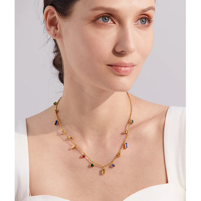 Yhpup Luxury Bling Colorful Cubic Zirconia Chain Necklace Bracelet CZ Waterproof Stainless Steel Jewelry Exquisite Set Women