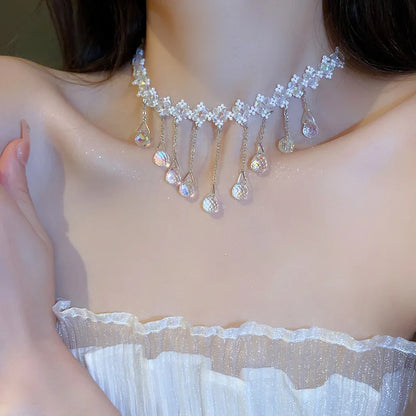 Aqua Drip - Crystals Tassel Necklace