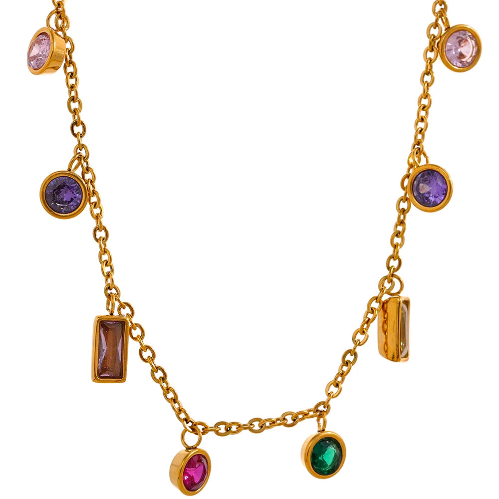 Yhpup Luxury Bling Colorful Cubic Zirconia Chain Necklace Bracelet CZ Waterproof Stainless Steel Jewelry Exquisite Set Women
